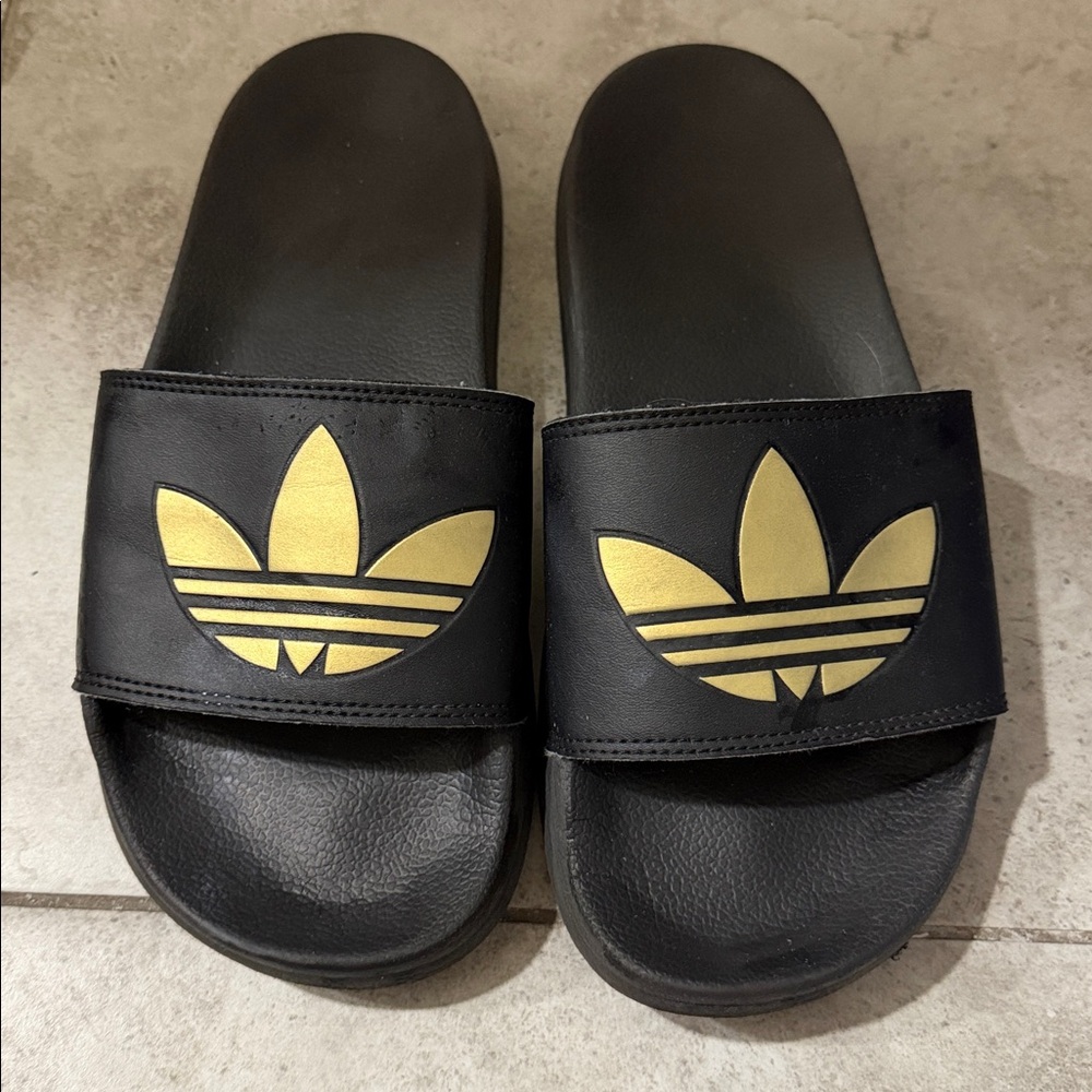 Adidas Black Slides with Gold Logo #057